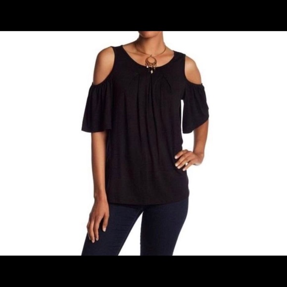 Max Studio, Cold Shoulder Peplum Navy Blue Blouse Sz Sm NWT - Picture 9 of 9